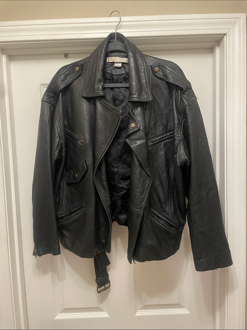 The Limited Black 100% genuine Leather moto Jacket with belt, vintage biker